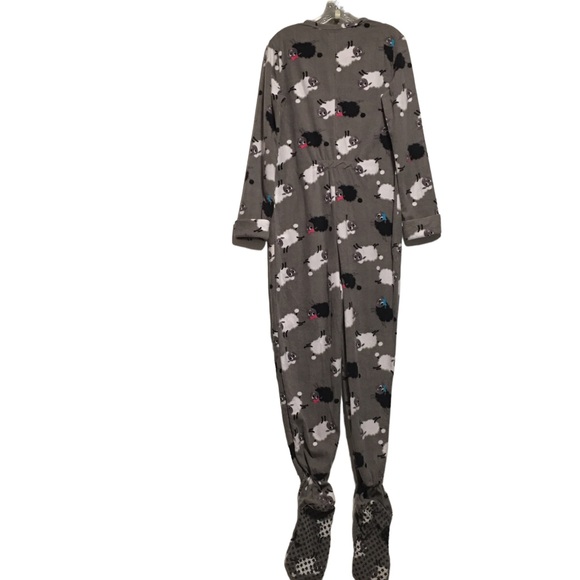 K C Footed pajamas sheep print gray white black & pink nonslip feet Med. EUC - Picture 3 of 14